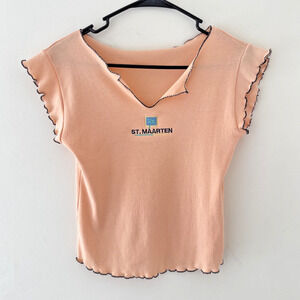 Y2K Baby Tee Lettuce Hem St. Maarten Top Peach Ruffle Edge Retro Travel Shirt M
